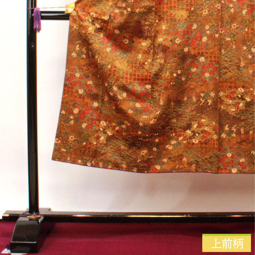 小紋 正絹 身丈140cm 裄丈60.5cm 袷  濃茶色 草花模様 しつけ糸付き 未使用品  Sランク 茶系 1115003732114