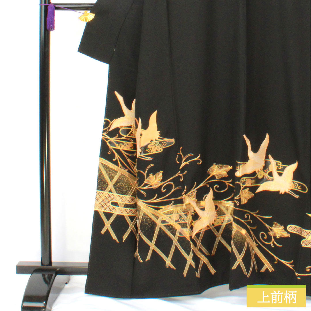 黒留袖 正絹 身丈162cm 裄丈64cm 袷 引箔刺繍 鶴 五つ紋 丸に三つ柏 Bランク 黒系 1111001444410