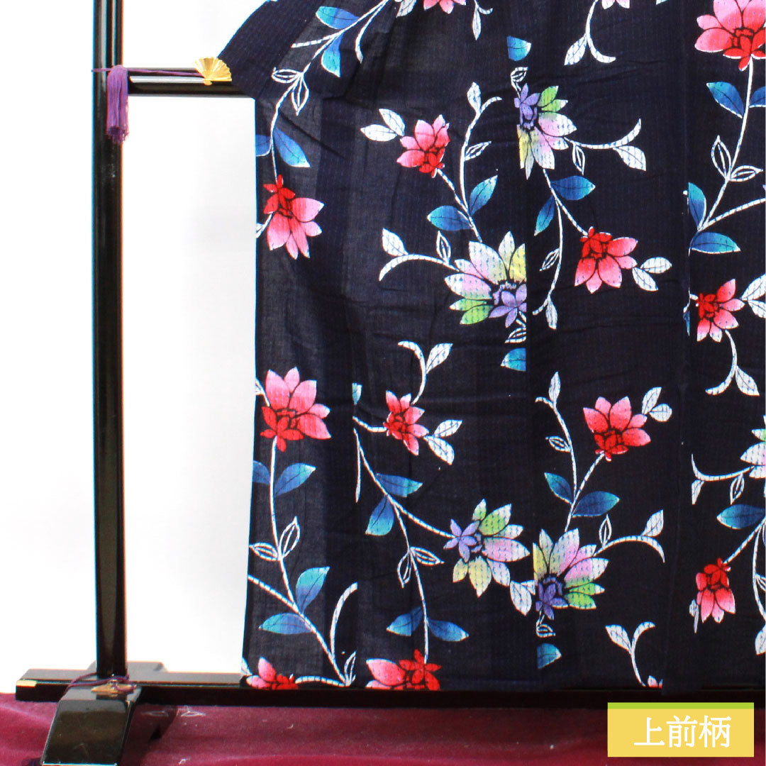Yukata Cotton Length 158cm Sleeve length 61.5cm S rank Single layer Navy Deep navy Abstract flower 1118004862318