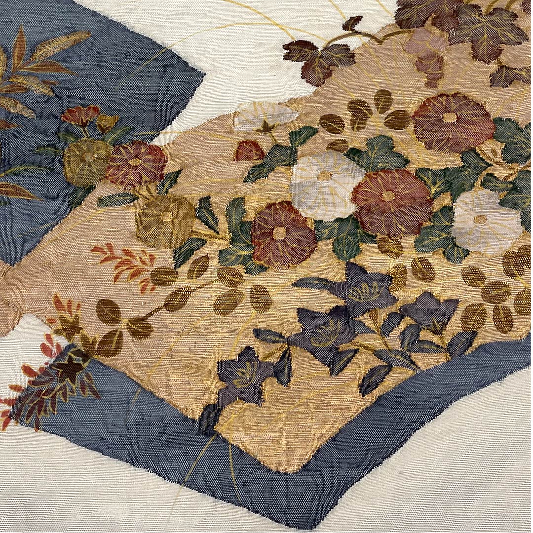 Fukuro Obi (sash) in off-white (kinari-iro) with fan-shaped floral pattern, obi length 436cm, pure silk, A-rank, point pattern, casual, cream-colored, 1123005803315