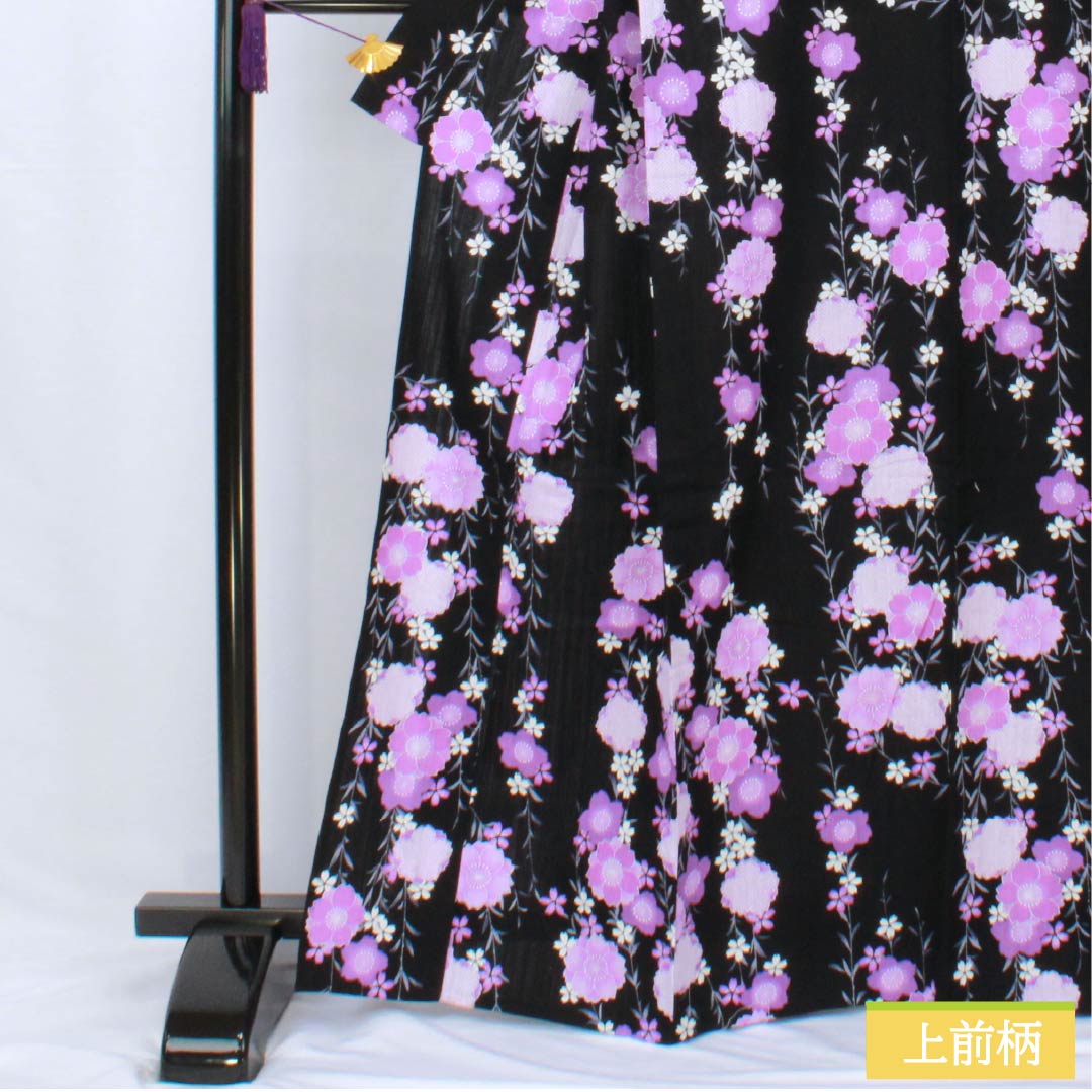 Cotton-linen Yukata, Length 165cm, Sleeve Length 69cm, Rank A, Single-Layer, Black, Weeping Cherry Blossom Pattern, Cotton-linen, 1118006043510