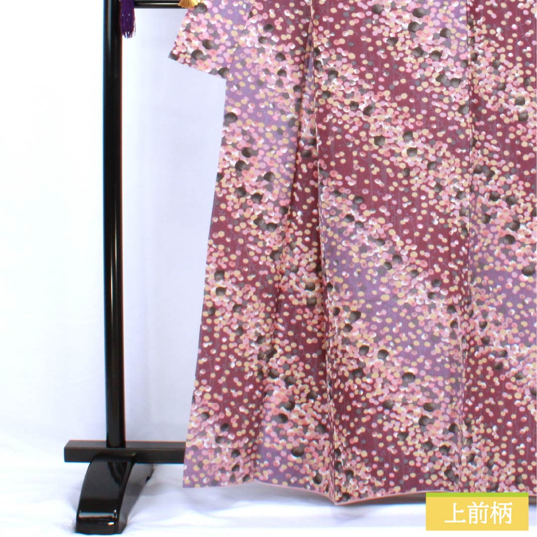 小紋 ポリエステル 身丈161.5cm 裄丈66cm 袷 蒲萄色（えびいろ） 古代紫色（こだいむらさきいろ） 型染 抽象柄 洗える着物 Aランク 紫系 1115005543420
