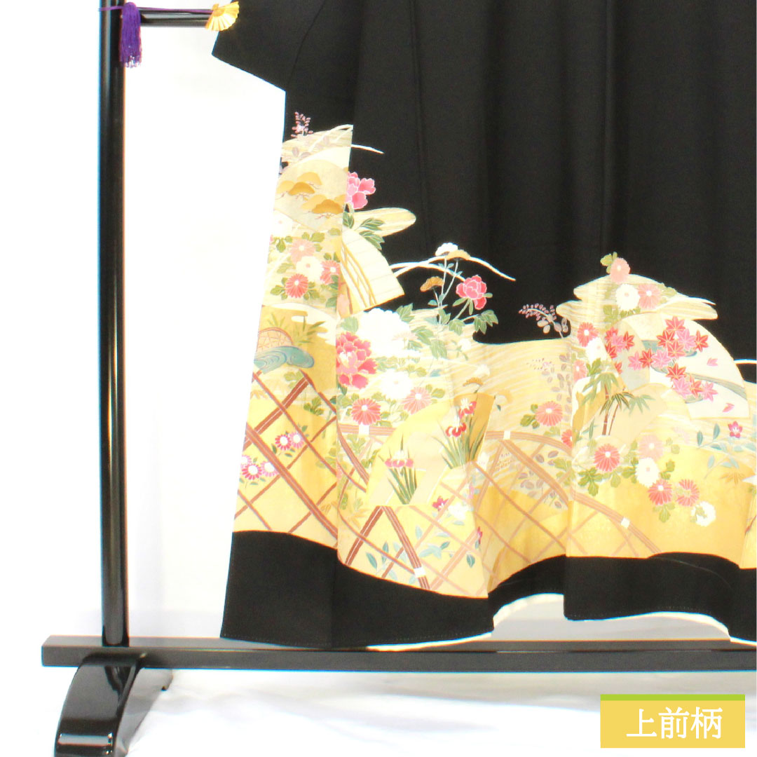 黒留袖 正絹 身丈150cm 裄丈64cm 袷 京友禅 吉祥文様 五つ紋 轡十字（くつわじゅうじ） Sランク 黒系 1111001772110