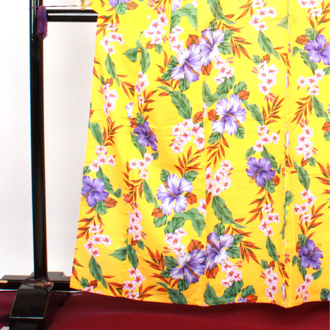 Yukata, yellow, hibiscus, cotton, S rank, single layer, length 165cm, sleeve length 67.5cm, yellow, 1118003262523