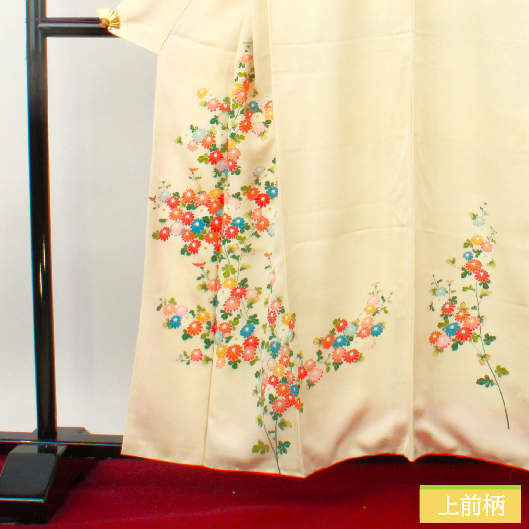 Homongi, pure silk, lined, length 160cm, sleeve length 63.5cm, Tonokoiro, Kyoto Yuzen, floral pattern, A rank, cream color, 1112004803415