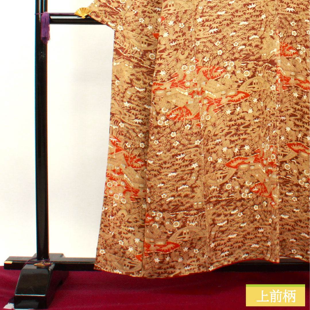 小紋 正絹 身丈157cm 裄丈64.5cm 袷  濃茶色 茶屋辻 松竹梅  Sランク 茶系 1115003602314