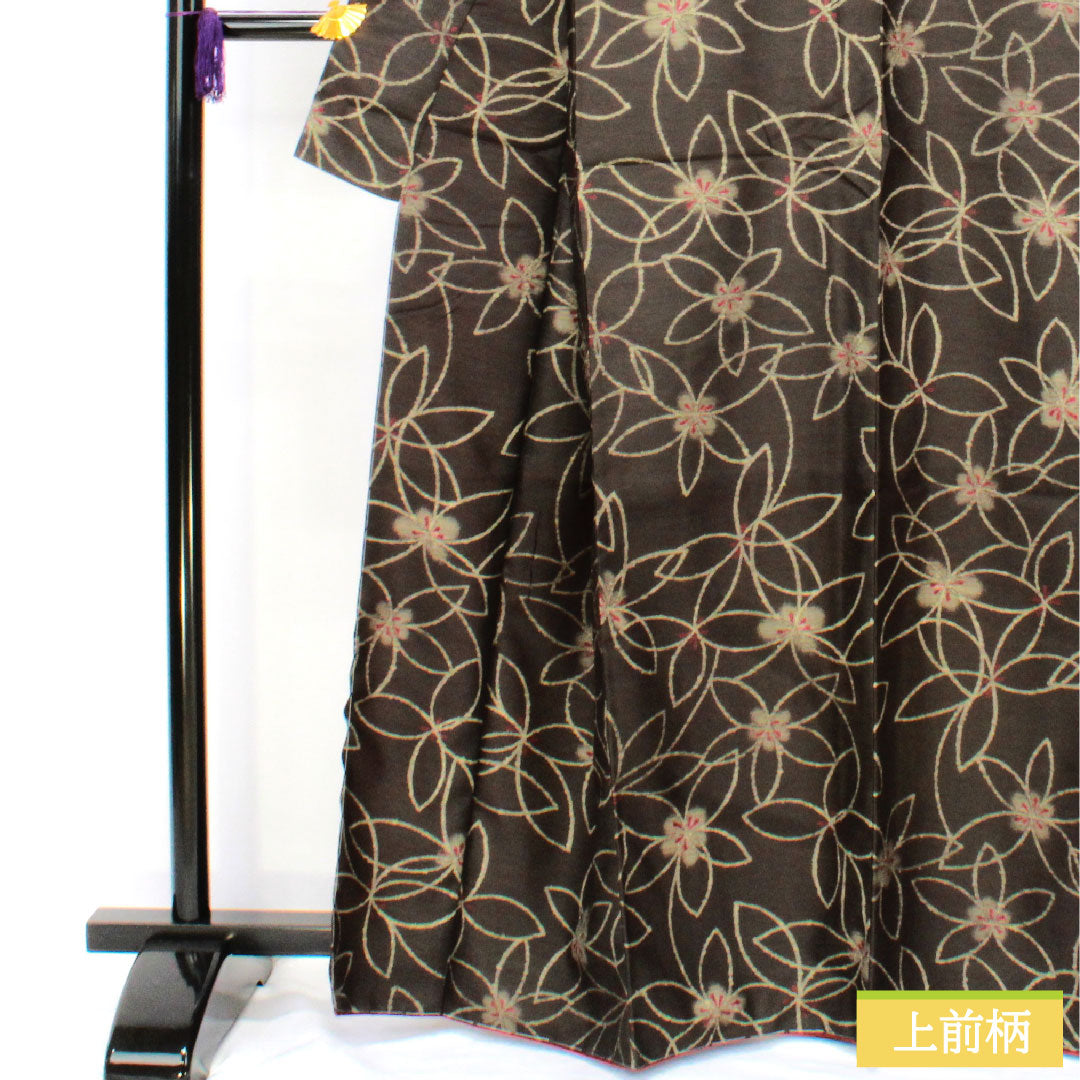Small pattern, polyester, length 163.5cm, sleeve length 66cm, lined, black oak color, washable kimono, abstract flower, basting thread included, unused, S rank, black, 1115004932410