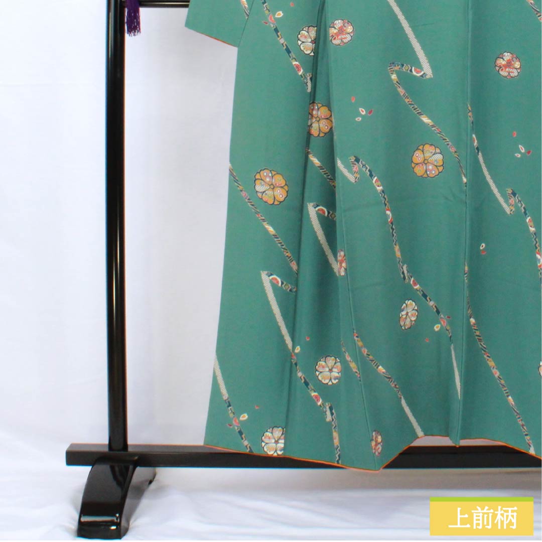 Komon, pure silk, length 152.5cm, sleeve length 64.5cm, lined, Yamaaizuuriiro (Yamaaizuri-iro), stencil dyeing, noshi (Japanese traditional wrapping paper), floral pattern, Scotchgard, B rank, green, 1115005484219