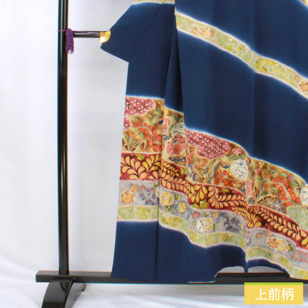 Visiting Kimono, Pure Silk, S Rank, Lined, Length 155cm, Sleeve Length 63cm, Navy Blue, Chirimen Fabric, Tsujigahana Pattern, Navy Blue, Product Number: 1112006292318
