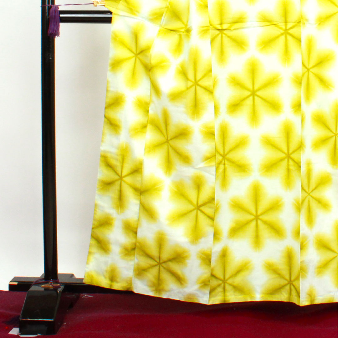 (New, unused item) Yukata, Yukihana-shibori, with basting thread, unused item, Habu-iro, Asanoha, Board-jime-shibori, Cotton, NEW rank, Single layer, Length 162cm, Sleeve length 65.5cm, Yellow, 1118003911423