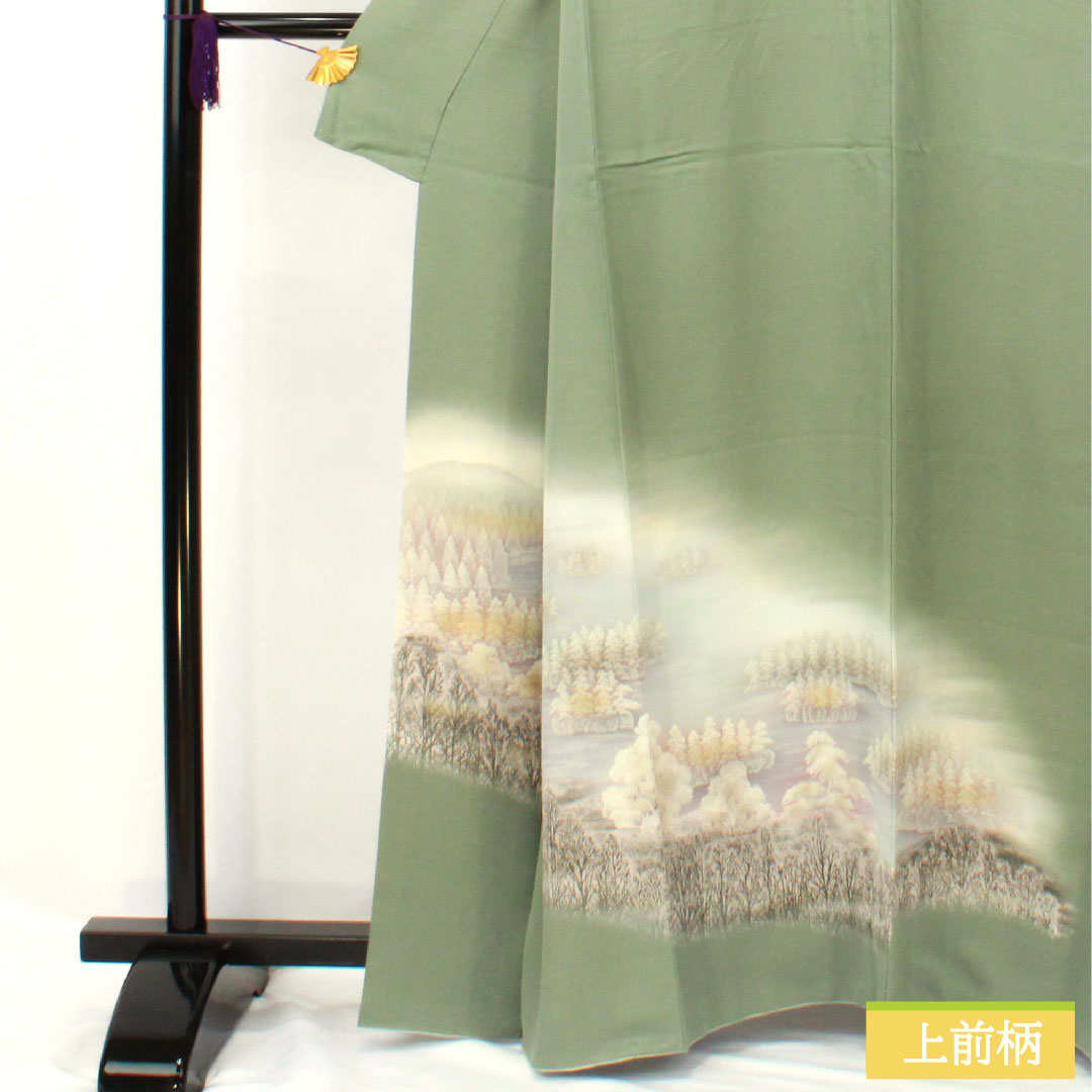 Homongi, pure silk, lined, length 162.5cm, sleeve length 65cm, leaf color on the back, landscape pattern, A rank, green, 1112005853419