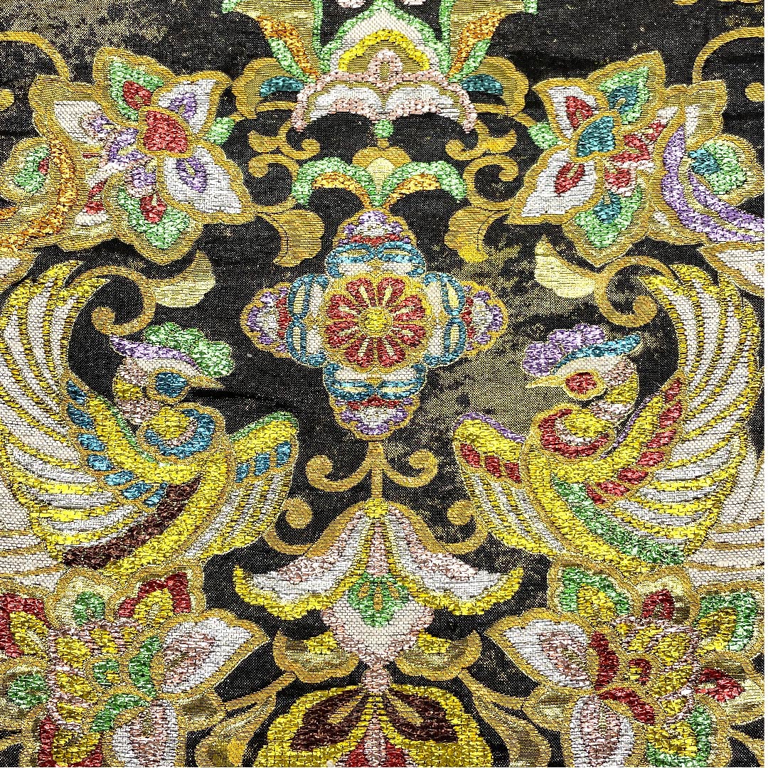 袋帯 黒色 振袖用 唐花模様 鳳凰 帯丈435cm 正絹 Aランク 六通 フォーマル 黒系 1123007133310