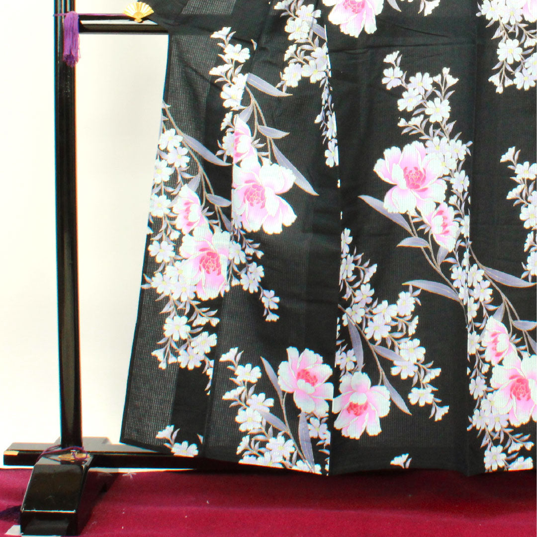 Yukata Peony Cotton S Rank Single Layer Length 158cm Sleeve Length 67.5cm Black 1118002112310
