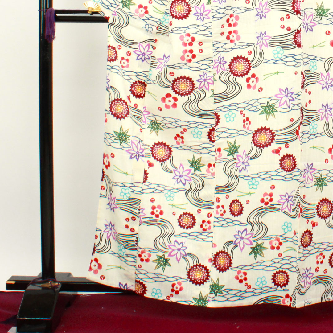 Yukata with basting thread, unused, milky white, stencil dyed, cotton linen, S rank, single layer, length 162cm, sleeve length 67cm, cream color, 1118002012415