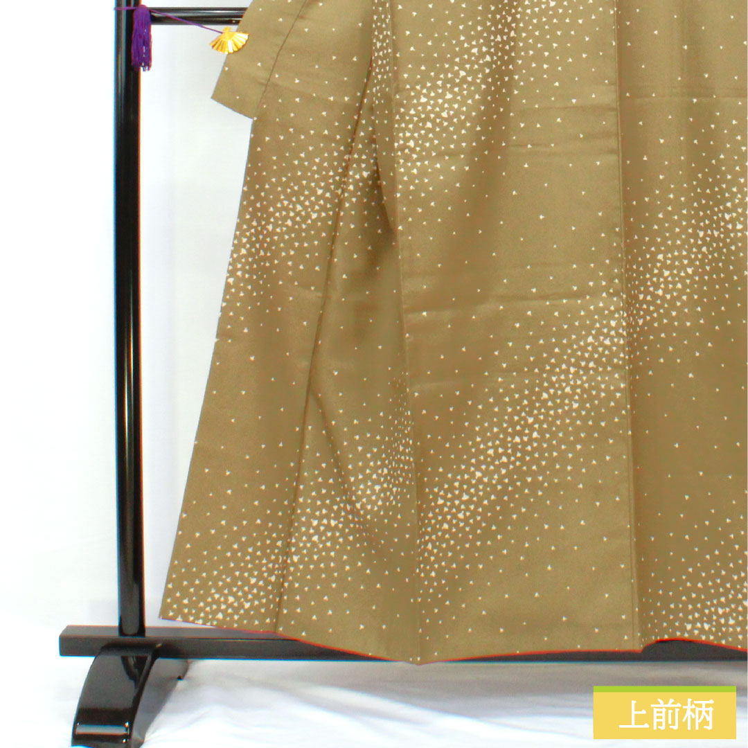 Small pattern, polyester, length 156cm, sleeve length 66.5cm, lined, antique brown, washable kimono, fan, S rank, green, 1115004602319