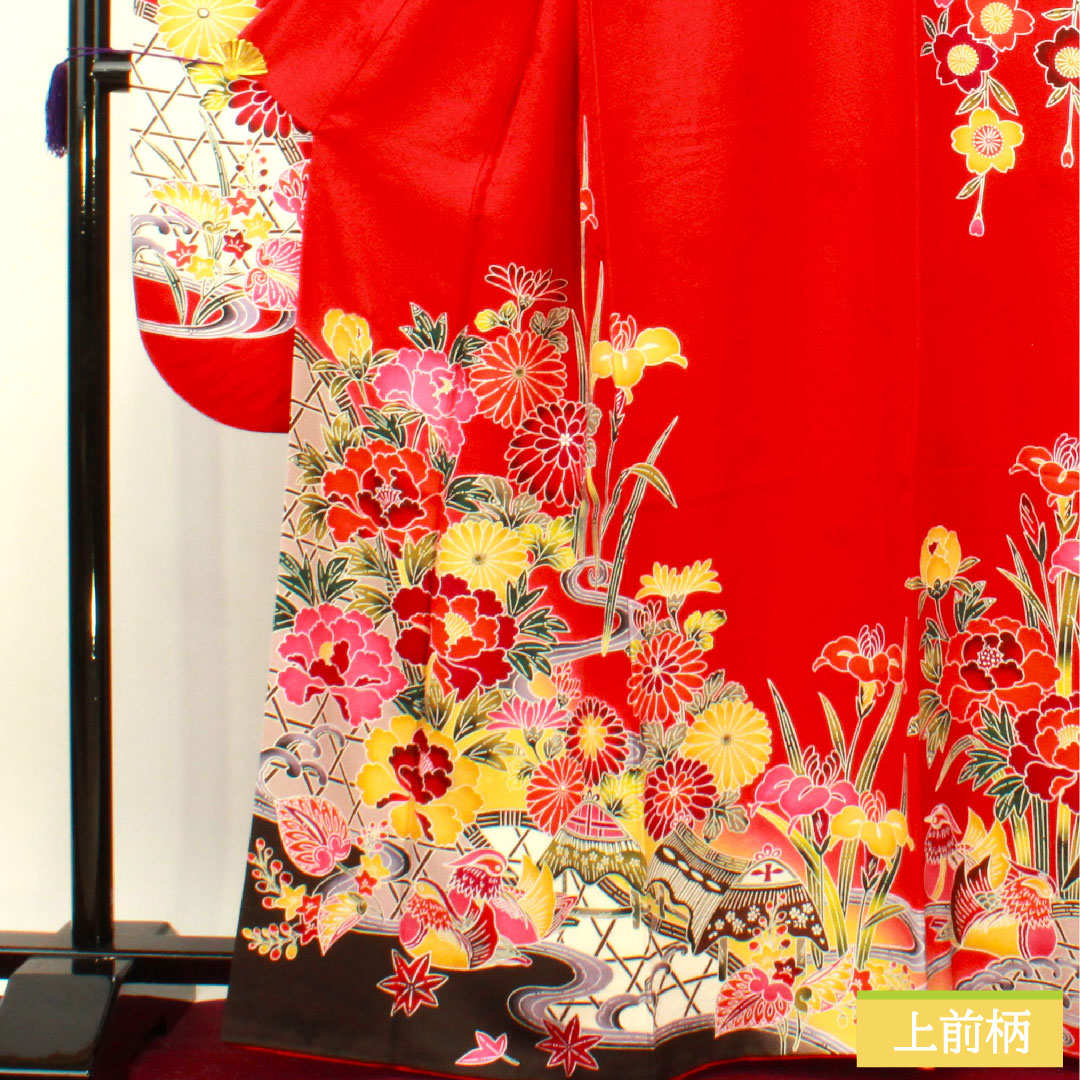 振袖 正絹 身丈164.5cm 裄丈69cm 袷 土耳古赤色（とるこあかいろ） 京紅型 吉祥文様 Sランク 赤系 1113002072412