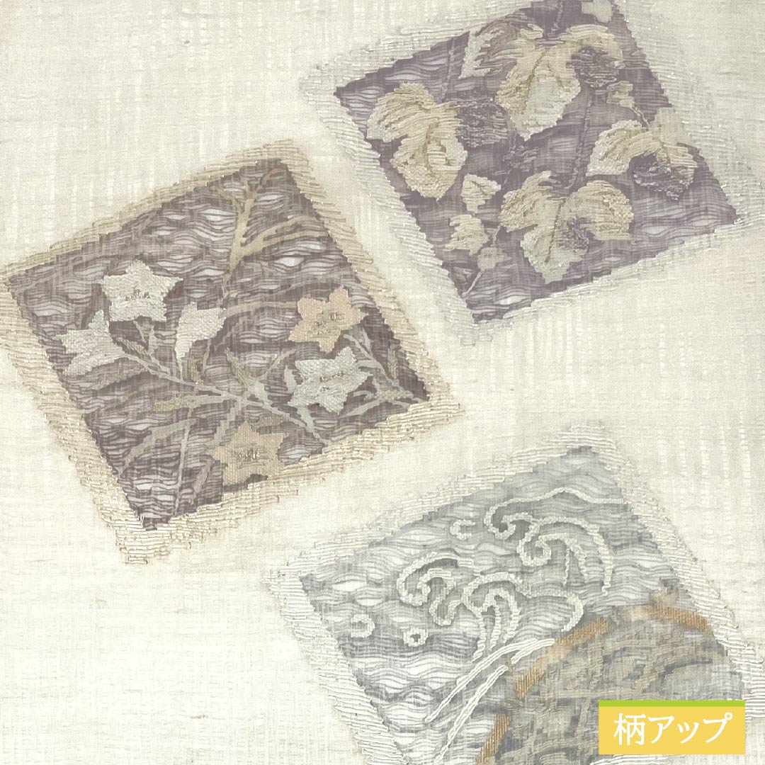 Nagoya obi, pure silk, chalk color, scoop weave, colored paper, bellflower, summer obi, obi length 369cm, S rank, point pattern, semi-formal, white, 1124006812311, Nagoya style