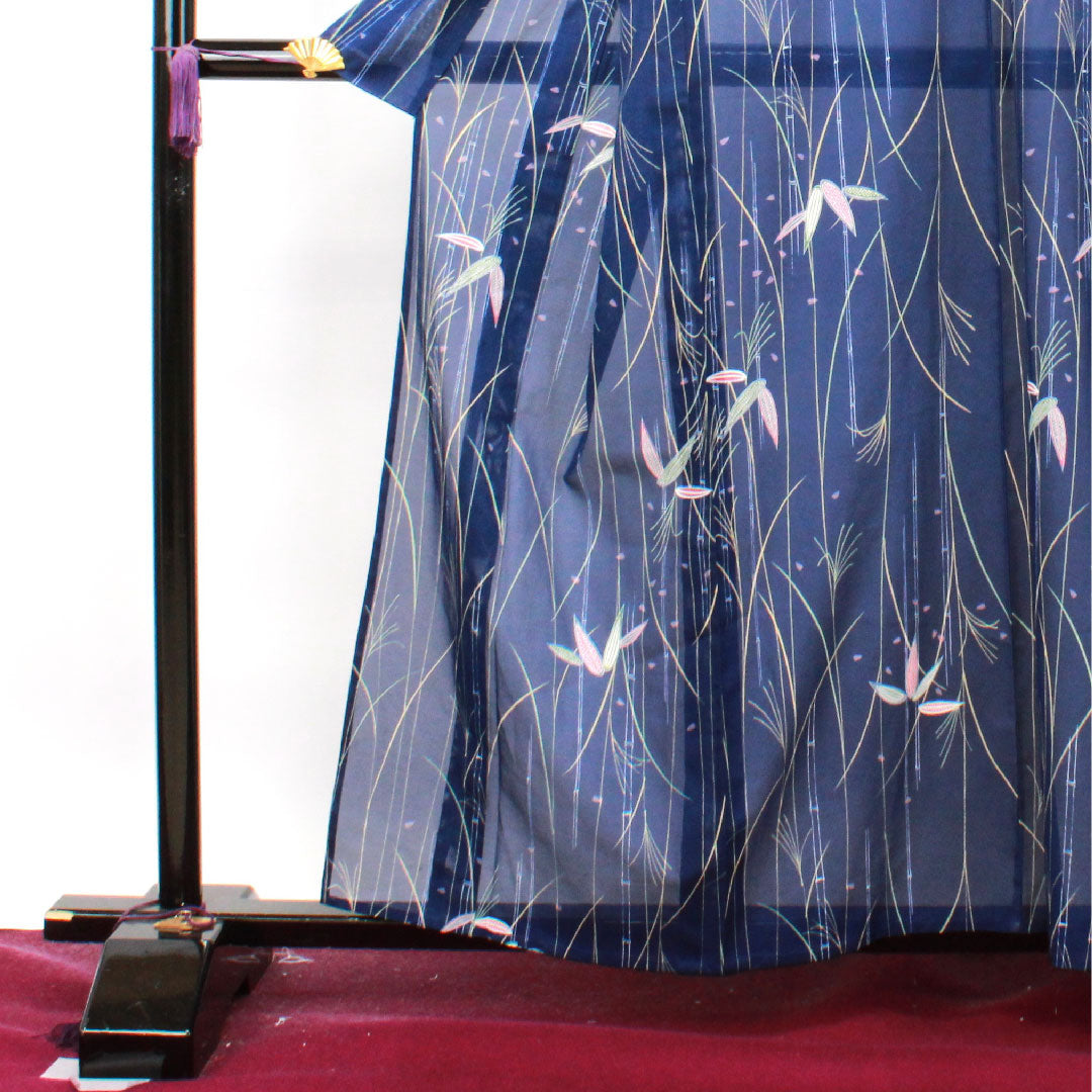 夏物 ポリエステル 小紋 身丈160cm 裄丈67cm 紺桔梗色（こんききょういろ） 竹 洗える着物  絽 Sランク 紺系 1132001442418