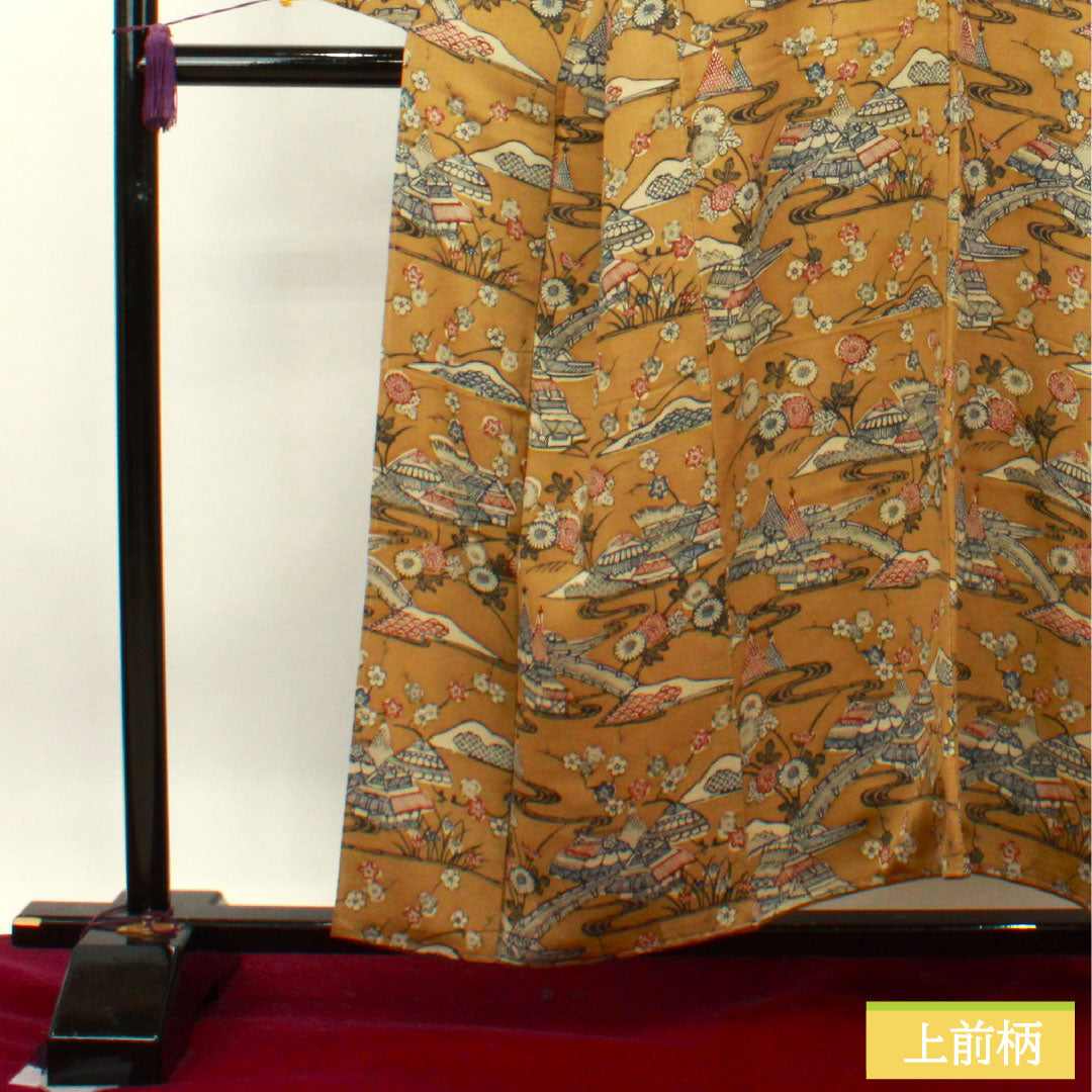 小紋 正絹 身丈154.5cm 裄丈67cm 袷  猟虎色 京紅型 茶屋辻 しつけ糸付き  Sランク 茶系 1115003702214