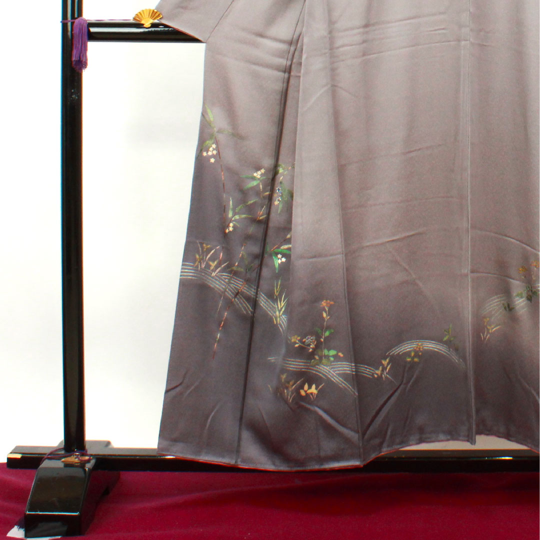 Homongi, pure silk, lined, length 156cm, sleeve length 63cm, tin color, gold leaf finish, floral pattern, S rank, gray, 1112002942322