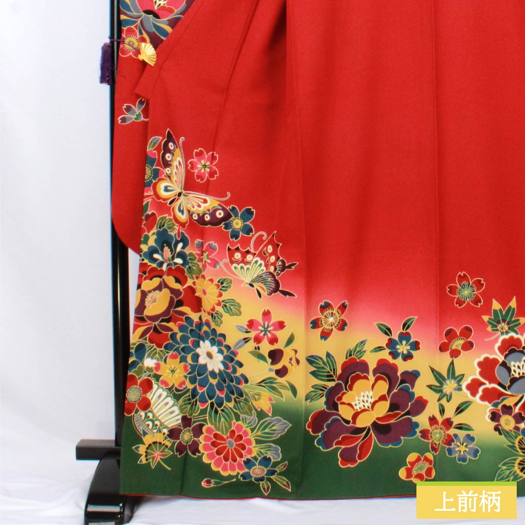 Kimono (Furisode) - Silk - S Rank - Length: 167cm, Sleeve-to-sleeve: 68cm - Lined - Pomegranate Red - Kyo-Bingata - Auspicious Patterns - Butterflies, Cherry Blossoms, Chrysanthemums - Red Tones - 1113002772512