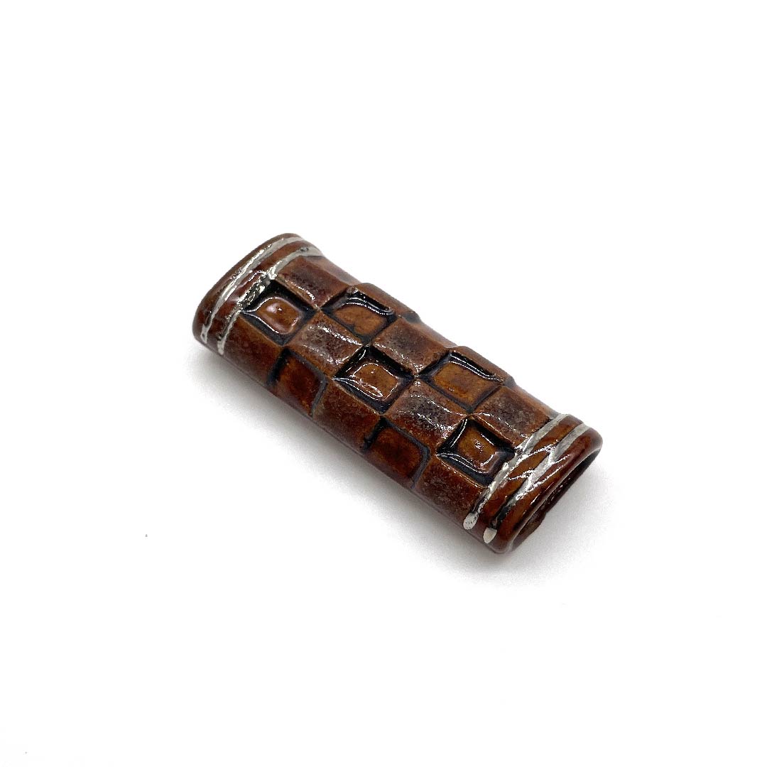 (New old stock) Obi fastener, ceramic, casual, brown, Kyoto ware, checkered pattern, length approx. 2cm, width approx. 5cm, S rank, brown, 1137000622914