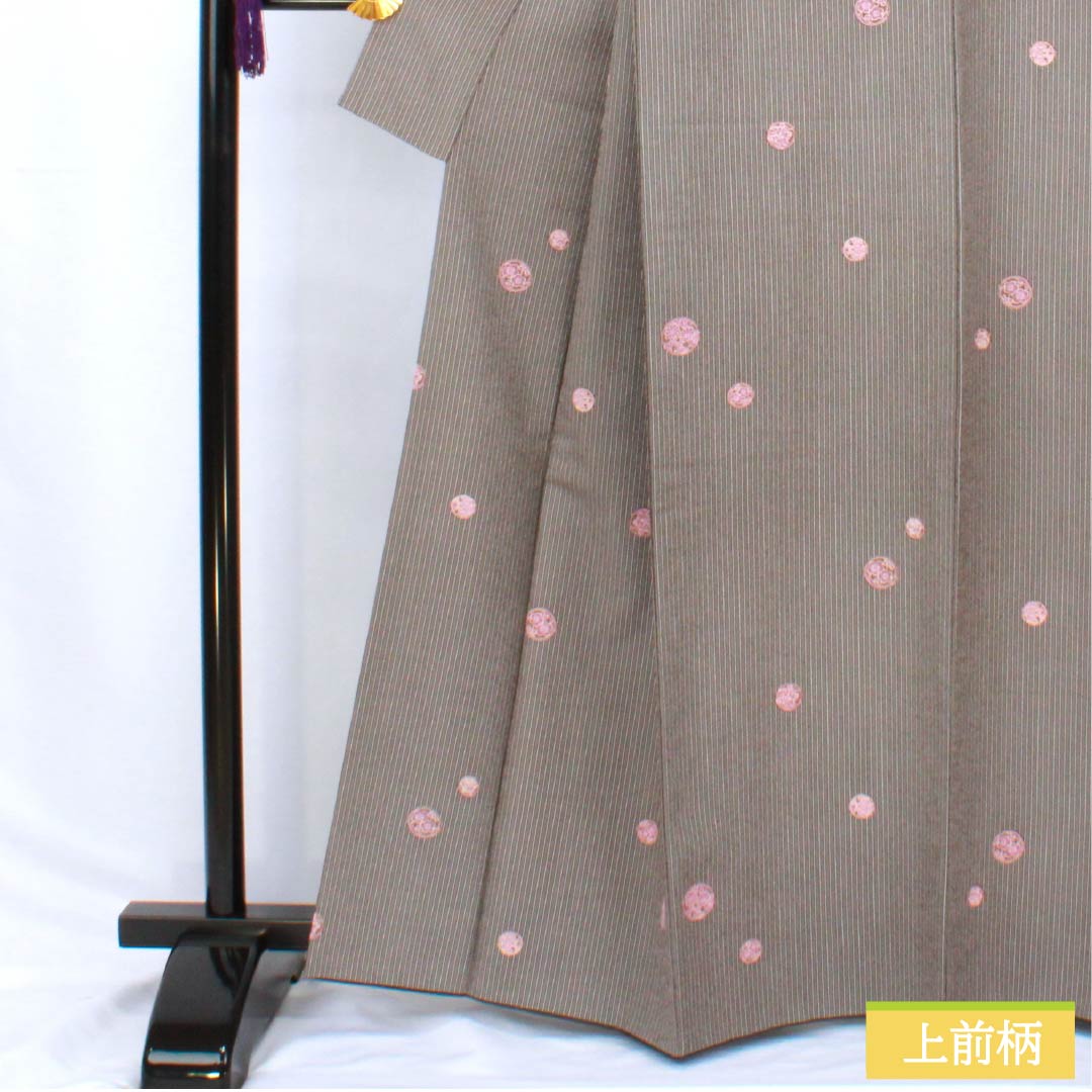 Komon (small pattern) kimono, polyester, length 163.5cm, sleeve length 65.5cm, lined, black-gray (kuronezui) with stripes and floral print, washable, rank A, black, product number 1115006023410