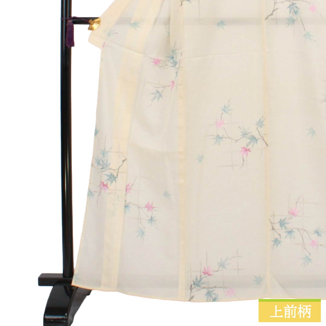 夏物 正絹 小紋 Sランク 身丈163.5cm 裄丈63.5cm 練色（ねりいろ） 紅葉 竹垣 絽 クリーム系 1132004722415