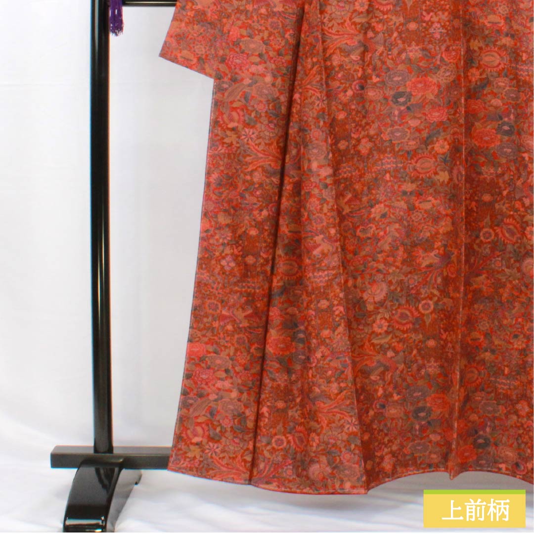 Komon, pure silk, length 159.5cm, sleeve length 64cm, lined, scarlet brown, stencil dyeing, chintz pattern, with basting thread, S rank, brown, 1115005012314