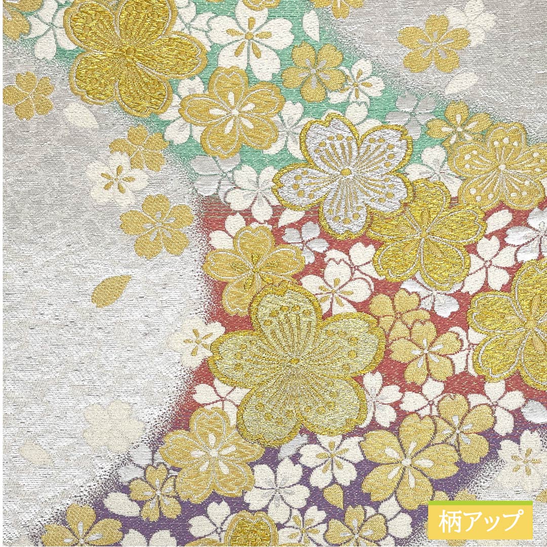 Fukuro Obi (Sash) - Pure Silk, Silver-White Color, Cherry Blossoms, Length 450cm, A Rank, Six-Way, Formal, Silver, 1123012133422