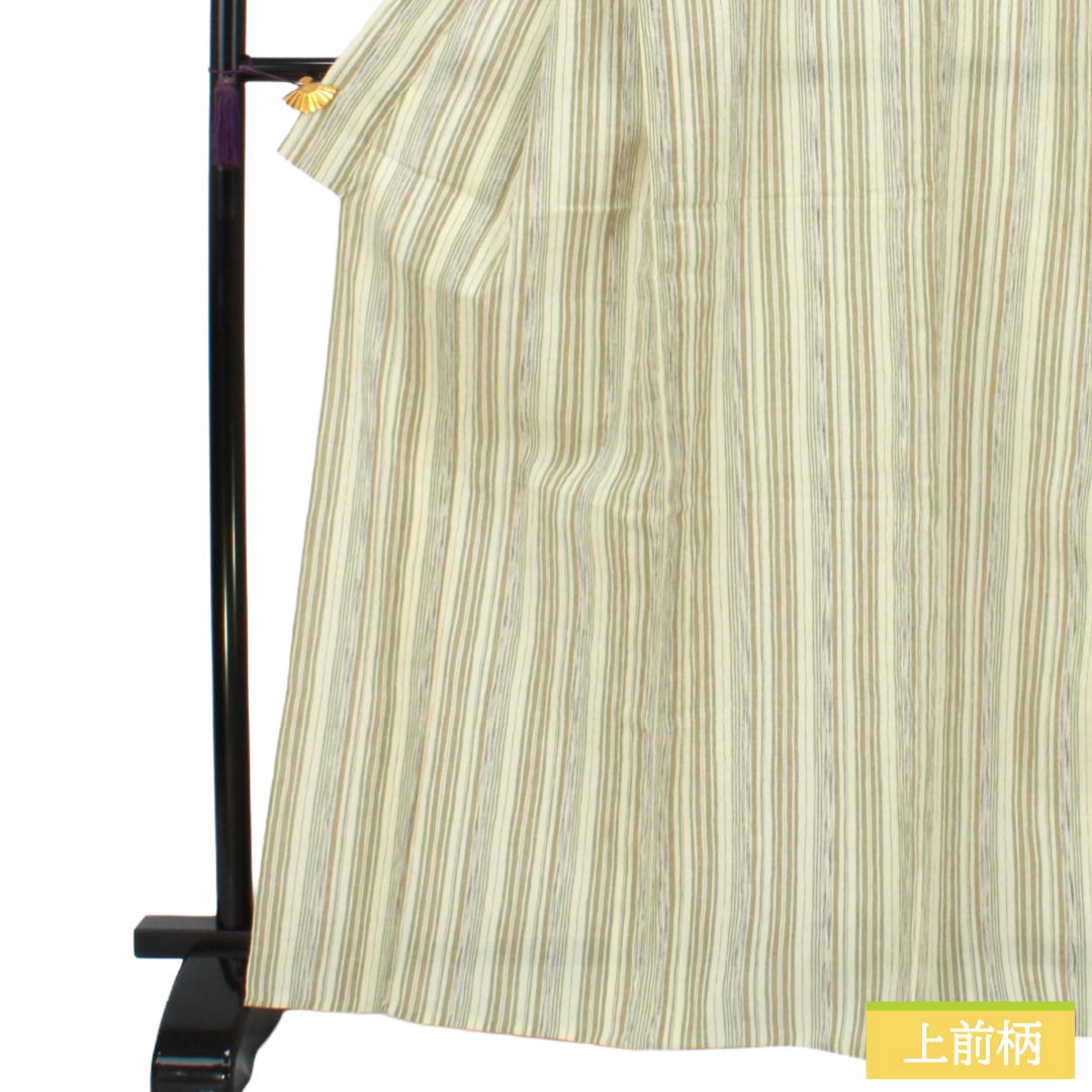 夏物 綿麻 紬 Sランク 身丈168.5cm 裄丈67.5cm 乳白色（にゅうはくしょく） 縞 縮 紗 クリーム系 1132004802515