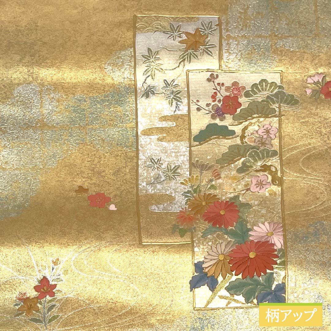 Nagoya Obi Embroidered with Chrysanthemum, Cherry Blossom, and Plum Blossom Designs, 360cm Long, Pure Silk, S-Rank, Pointed Pattern, Gold, Semi-Formal, 1124008532321, Nagoya Style
