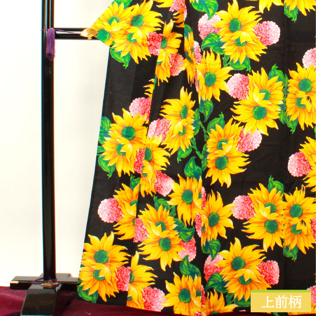 Yukata Cotton Length 165cm Sleeve length 69cm S rank Single layer Black Sunflower Hydrangea KENZO 1118004732510