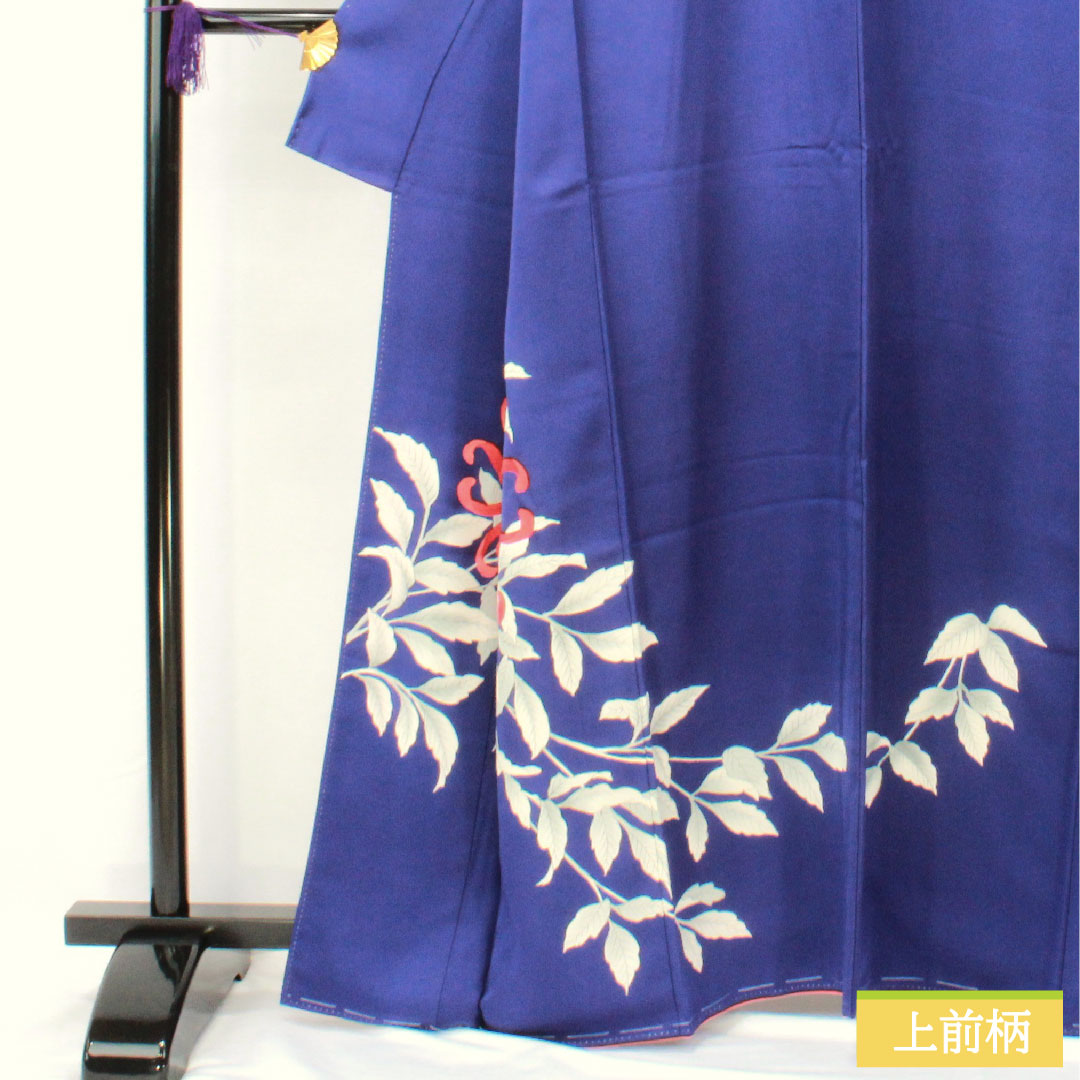 Homongi, pure silk, lined, length 163.5cm, sleeve length 65.5cm, lapis lazuli, Kyoto Yuzen, chrysanthemum, with basting thread, A rank, navy blue, 1112005283418