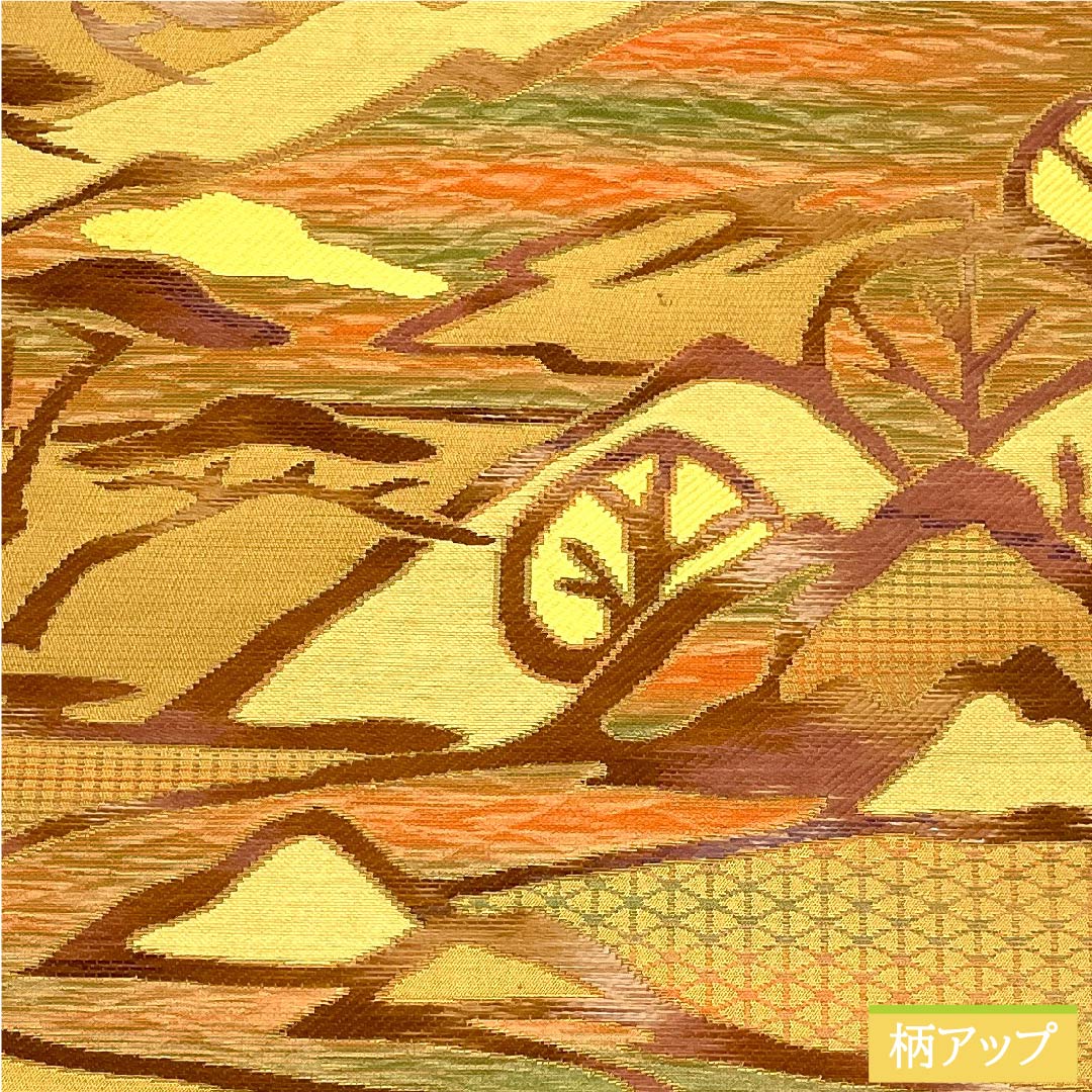 Nagoya obi, earthen cloth color, Toyama, abstract pine, tortoise shell, obi length 354cm, pure silk, S rank, six-pass, casual, yellow, 1124006012323, Nagoya style