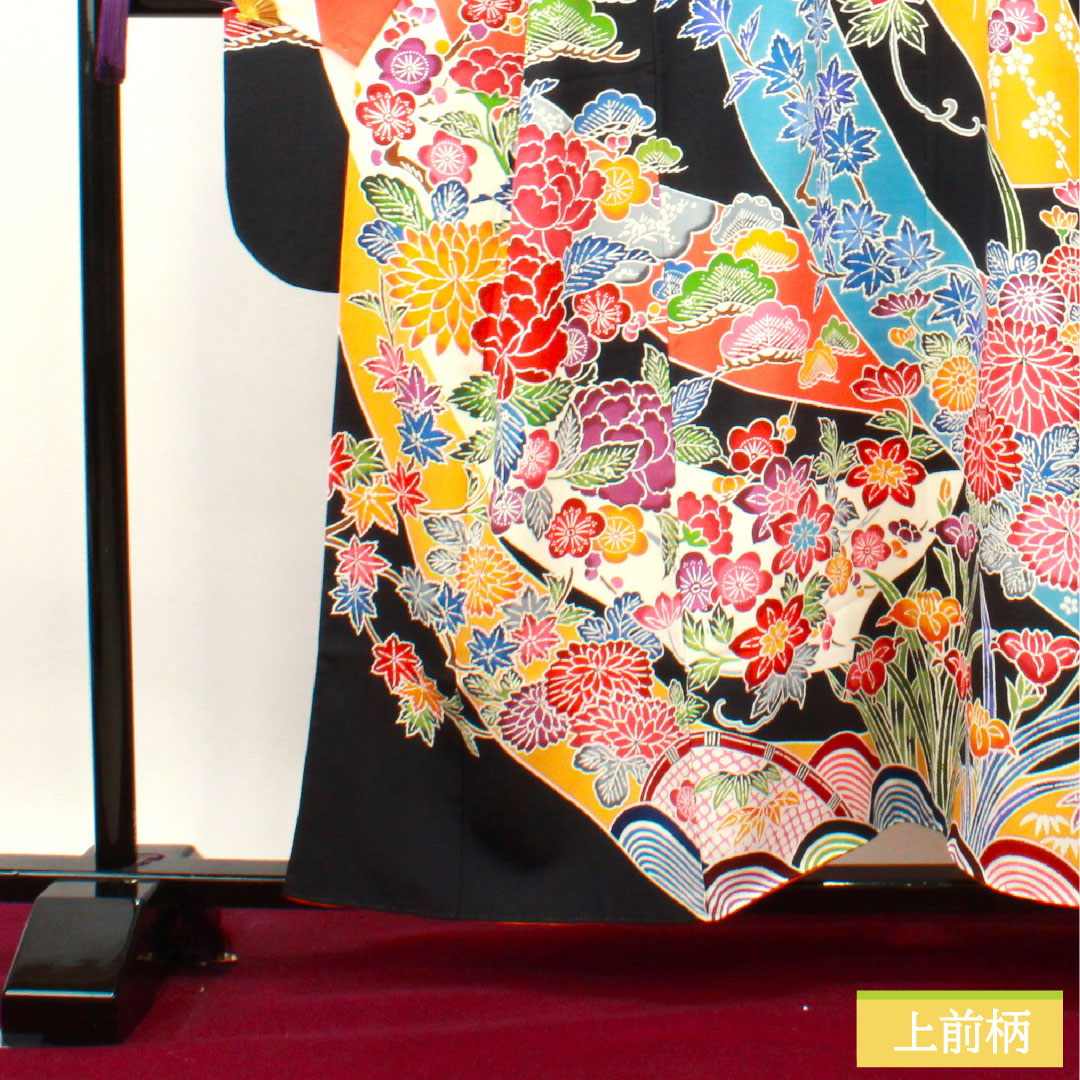 振袖 正絹 身丈157cm 裄丈63cm 袷  京紅型 草花模様  Sランク 黒系 1113001862310