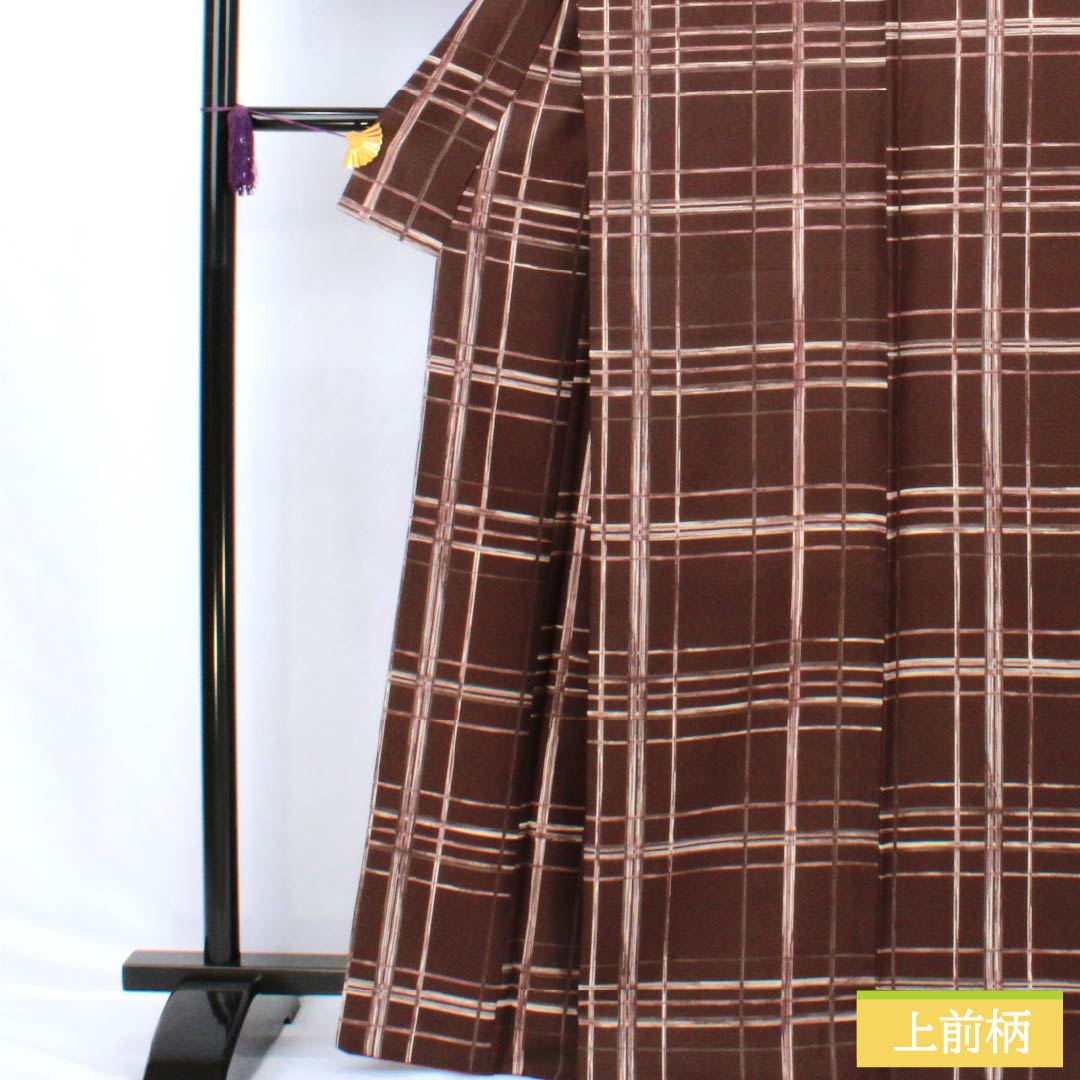 Komon (small pattern) polyester kimono, S rank, length 167.5cm, sleeve length 68cm, lined, burnt brown (kogareiro) check pattern, washable, brown, 1115007522514