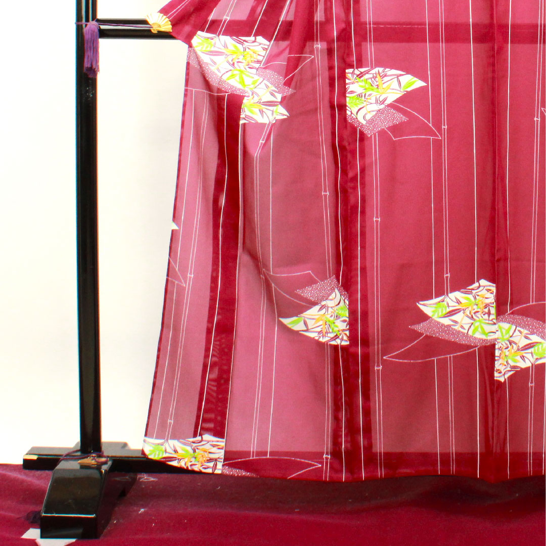 Summer kimono, polyester, small pattern, length 160.5cm, sleeve length 64cm, tsubosumireiro (purple), bamboo, fan surface, washable kimono, silk, S rank, purple, 1132001422420
