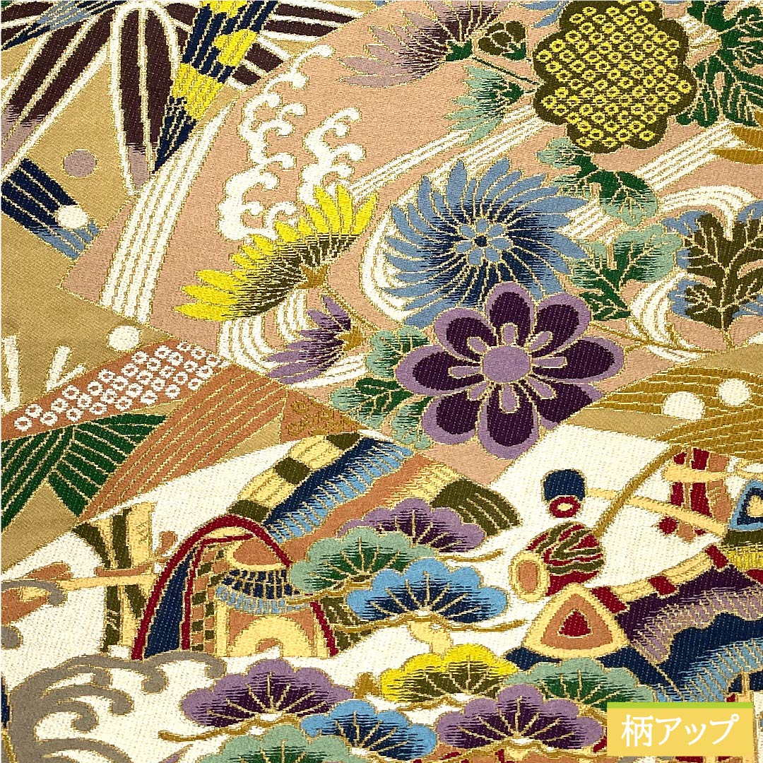 袋帯 胡桃色（くるみいろ） 白綾苑大庭 吉祥文様 松竹梅 帯丈418cm 正絹 Sランク 六通 フォーマル ベージュ系 1123010132325
