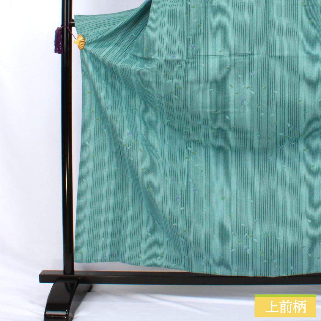 Polyester Komon A rank, length 164cm, sleeve to sleeve 63cm, unlined, Hanarokushō-iro, stencil-dyed, stripes, flower petals, with hip reinforcement, green-toned 1115007863419