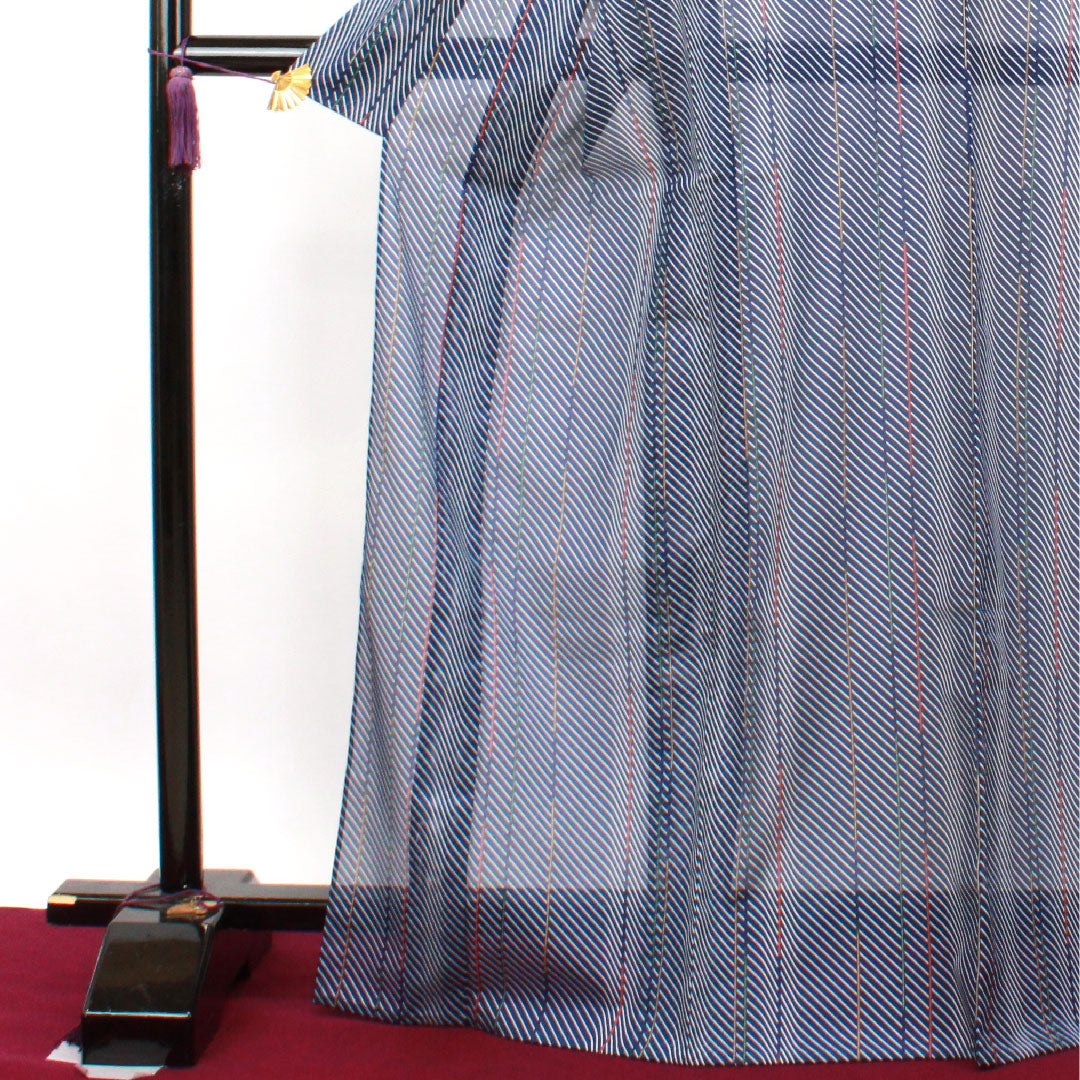 夏物 ポリエステル 小紋 身丈170.5cm 裄丈65cm 紺桔梗色（こんききょういろ） 幾何学模様 洗える着物 しつけ糸付き 絽 Sランク 紺系 1132001552618