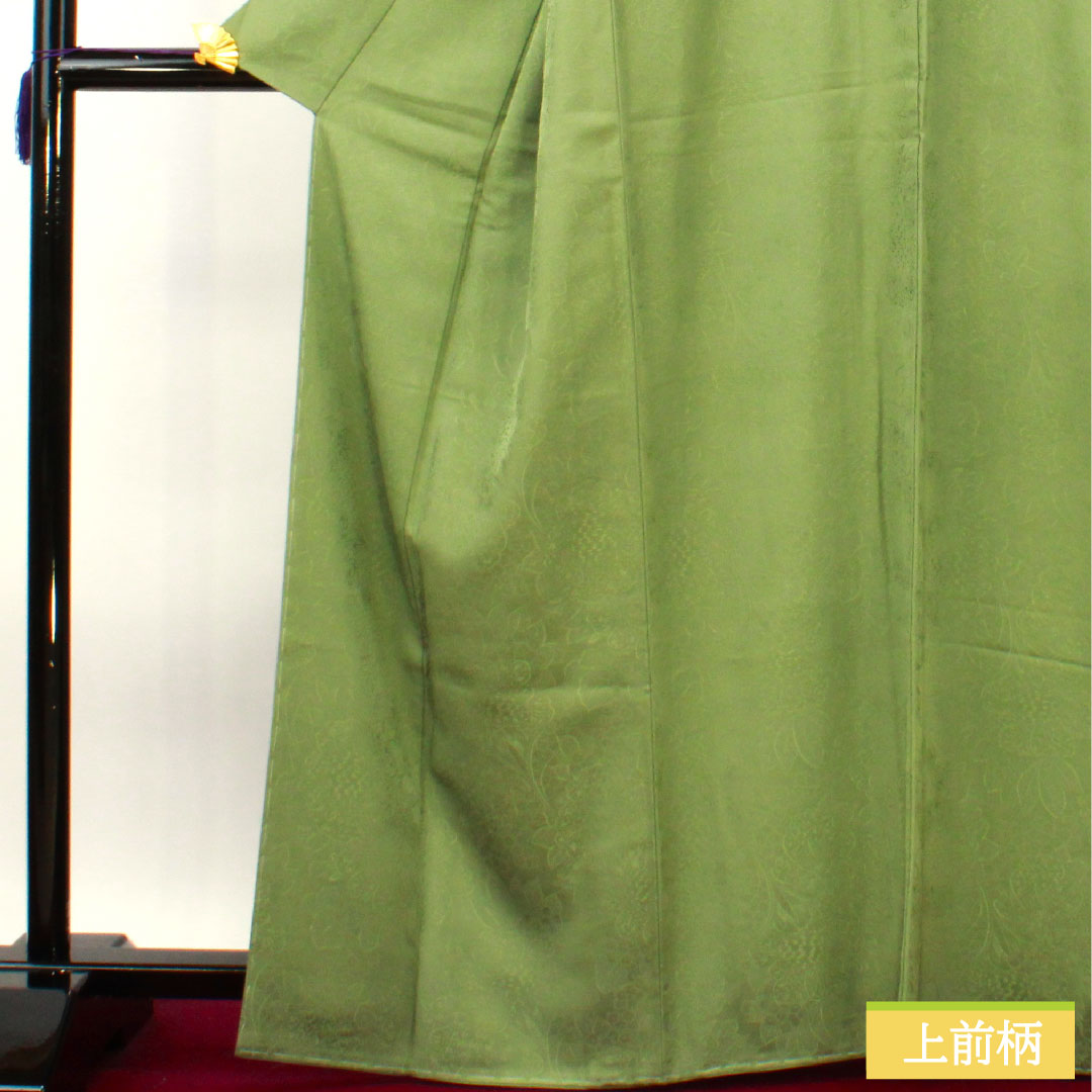 Plain color, pure silk, length 166.5cm, sleeve length 66cm, Bushukan color, silk, circle with paulownia branch, basting thread included, lined, S rank, green, 1114001442519