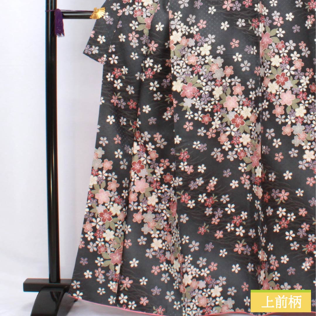 Komon (small pattern) kimono, polyester, length 164.5cm, sleeve length 63.5cm, lined, Noshimeiro (noshime-iro) pattern with dew grass and cherry blossoms, washable, S rank, gray, product number 1115006112422
