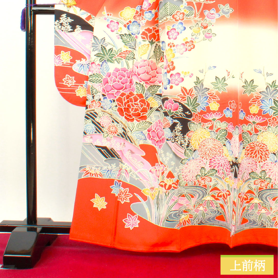 Furisode (long-sleeved kimono) made of pure silk, length 162.5cm, sleeve length 63.5cm, lined, silver-vermilion, Kyoto Bingata, auspicious motif, S rank, vermilion, 1113002112416