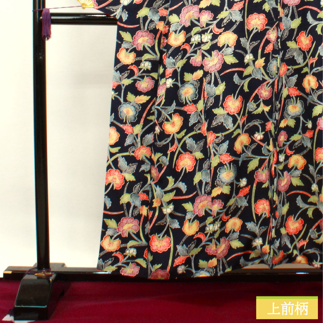 Small pattern, pure silk, length 155cm, sleeve length 62.5cm, lined, navy blue bellflower color, Kyoto Bingata, floral pattern, rank B, navy blue, 1115003784318