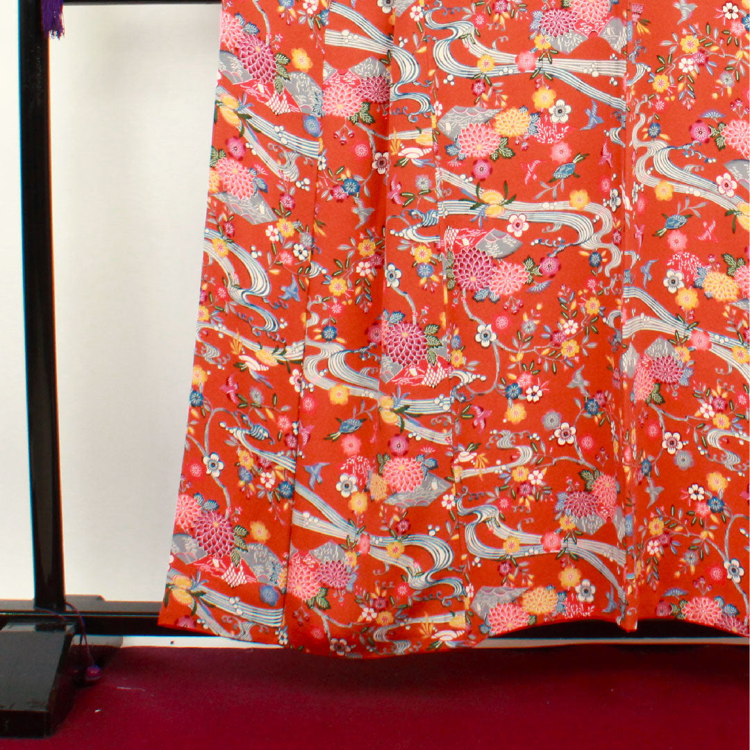 小紋 身丈157.5cm 裄丈64.5cm 袷 赭色 京紅型 草花模様  正絹 Sランク 茶系 1115002462314