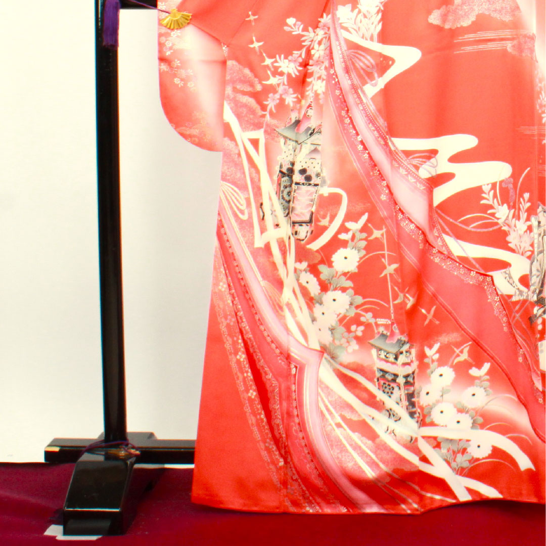 Long-sleeved kimono, length 166cm, sleeve length 63cm, lined, medium red, spear, floral pattern, pure silk, A rank, vermilion, 1113001463516