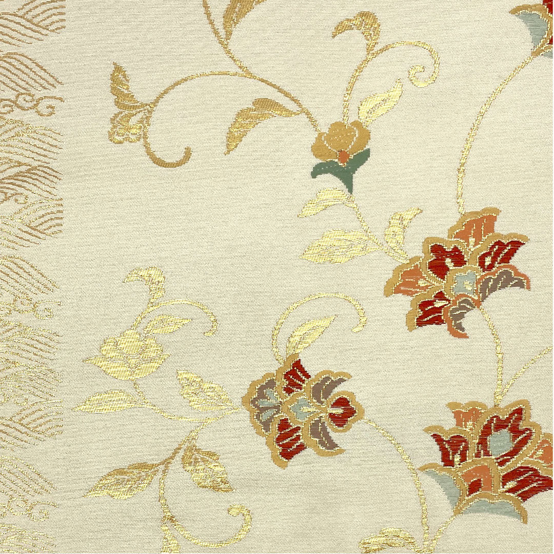 Nagoya obi with Chinese flower pattern, obi length 361cm, pure silk, A rank, six-pass, semi-formal, cream color, 1124001523315, Nagoya style