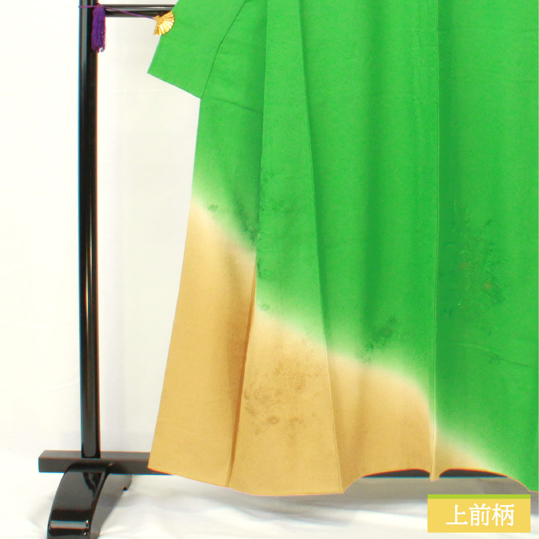Homongi, pure silk, lined, length 157.5cm, sleeve length 62.5cm, grass green, Shantou embroidery, floral pattern, Scotchgard, S rank, green, 1112004992319