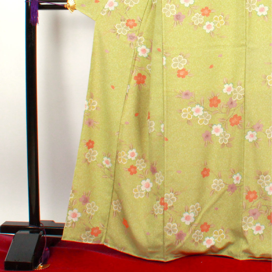 小紋 身丈164cm 裄丈64cm 袷  薄青朽葉色 洗える着物 桜  ポリ Sランク 緑系 1115002342419